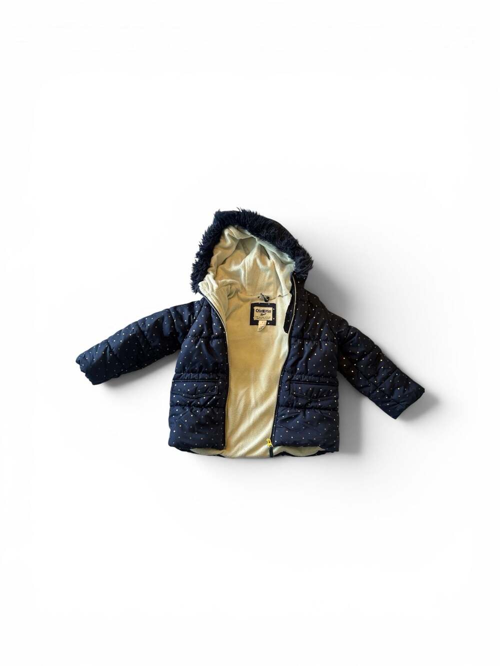 OshKosh B'gosh Navy Puffer Jacket with Gold Polka Dots and Faux Fur Hood